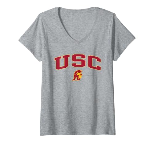 Womens USC Trojans Women Arch Over Logo Gray Officially Licensed V-Neck T-Shirt