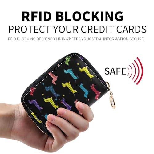 Cute Card Holder RFID Blocking Wallet Womens Small Leather Zipper Wallet with Coin Pocket Colorful Dachshund Polka Dots Black2