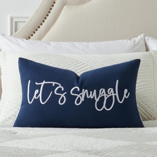 Sunkifover Let's Snuggle Decorative Lumbar Pillow Cover - 12x20 Inch Blue and White Cotton Embroidery Throw Pillowcase for Bed, Bedroom, Living Room, Home Decor