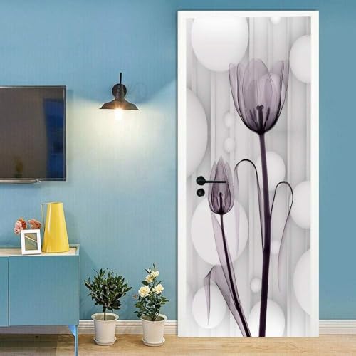Póster De Puerta 3D, Pegatina Autoadhesiva Para Puerta, Papel Tapiz, Mural, Pegatina De Pared Artística, Foto Tulipanes Flores Dibujadas A Mano 80 X 200 Cm Para Sala De Estar, Dormitorio, B -9S8W+D1G7