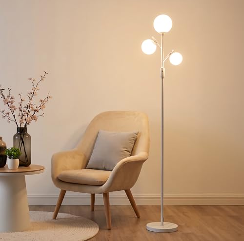 Image of Fiqevs Mid Century Modern 3 Globe Tree Floor Lamp - Dimmable LED Standing Lamp with Bulbs, Warm Light for Living Room Bedroom Office - White