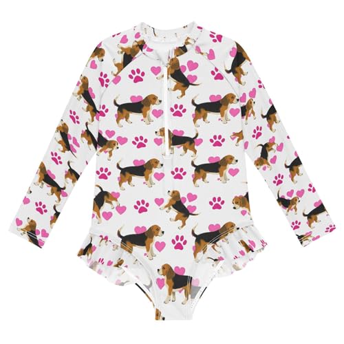 ALAZA Puppy Dog Footprint Cartoon Girls One Piece Swimsuit Long Sleeve Rash Guard Swimsuits UV 50+ Swimwear Zipper