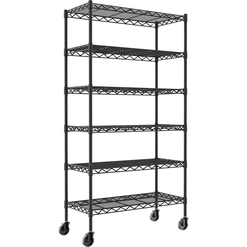 YOHKOH 6-Wire Heavy Duty Shelving Metal Storage Rack with Wheels, MAX 2000LB, Carbon Steel Adjustable Unit Shelves for Laundry Garage Kitchen (36L x 14W x 74.9H, Black)