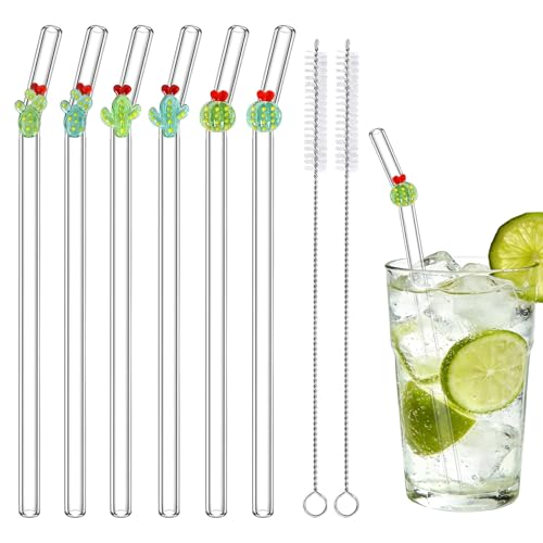 6 Pcs Reusable Glass Straws Cute Fun Straws with Colorful Cactus Design, 7.9'' Clear Glass Straw Bent with 2 Cleaning Brushes for Drink Party Smoothies Milkshakes Juice