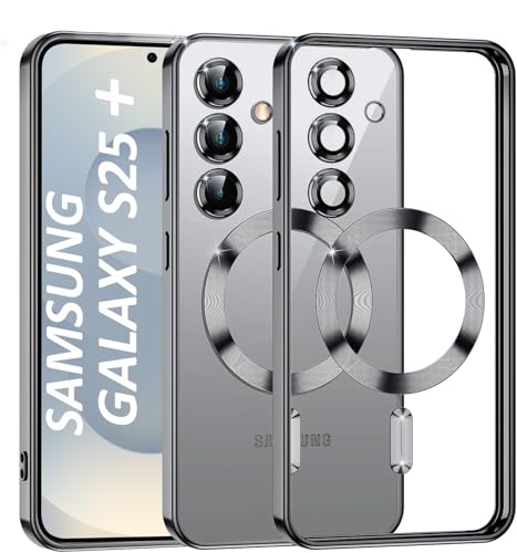 Image of VONZEE Clear Logo Electroplating Transparent Case for Samsung Galaxy S25 Plus 5G, Magnetic Plating [Support for MagSafe Charger] Electroplate TPU Cover - Black