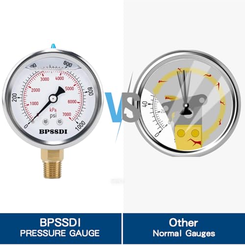 Image of 0-1000 Psi Glycerin Liquid Filled Hydraulic Pressure Gauge, 2.5 inch Dial Size, 1 /4 inch NPT Lower Mount, 304 Stainless Steel Case, for Water Oil Air Gas Pressure Test