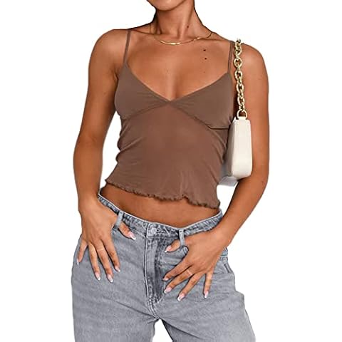Women Y2k Sheer Cami Shirt Spaghetti Strap See Through Mesh Patchwork Cute Summer Going Out Tops Sexy Camisole (as1, Alpha, s, Regular, Regular, Brown) Cover