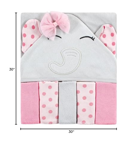 Image of Hudson Baby Unisex Baby Hooded Towel and Five Washcloths, Pink Dots Pretty Elephant, One Size