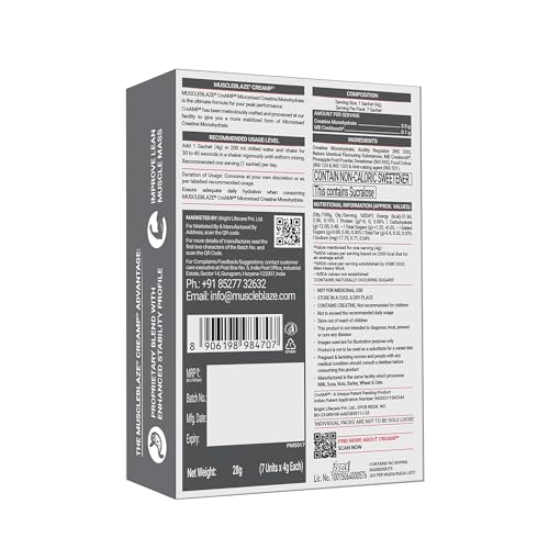 Image of MuscleBlaze Micronised Creatine Monohydrate CreAMP Powder, 7 Sachets | Juicy Berries | Trustified Certified Creatine