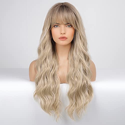 EMMOR Ombre Blonde Wigs for Women Long Curly Wigs with Bangs Heat Resistant Fiber Synthetic Wig Daily Natural looking - Image 4