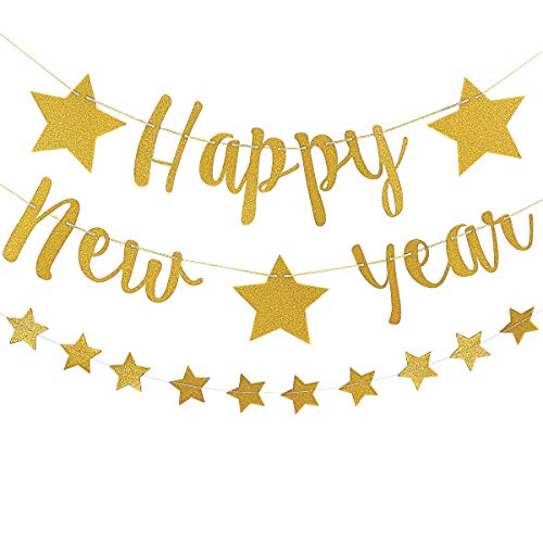 Gold Happy New Year Banner and Twinkle Stars Garland 2025 New Year Banner New Year Eve Banner 2025 for Happy New Year Party Decorations 2025, New Years Eve Party Supplies 2025