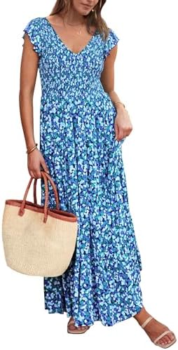 PRETTYGARDEN Women's Summer Flowy Maxi Dress Casual Cap Sleeve V Neck Smocked Beach Sundress