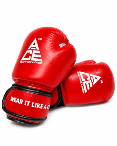 Image of ACE Genuine Leather Boxing Gloves | Adult Training Gloves for Sparring | Shock Absorbing Padding | Secure Wrist Strap | Punching Bag Workout | Red | 8 oz