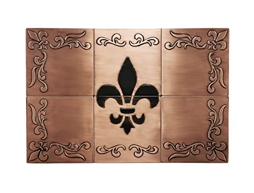 Handmade Cooper Kitchen Backsplash Tiles - Fleur de lis - 29.52 x 19.68 Set of 6 Decorative Metal Tiles for Premium Wall Decor, Mural Artwork, and More