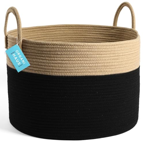 Image of OrganiHaus Round Toy Basket & Blanket Basket, Cotton Rope 20x13 inch | Black / Honey - Round Cotton Rope Basket, 20x13 inch