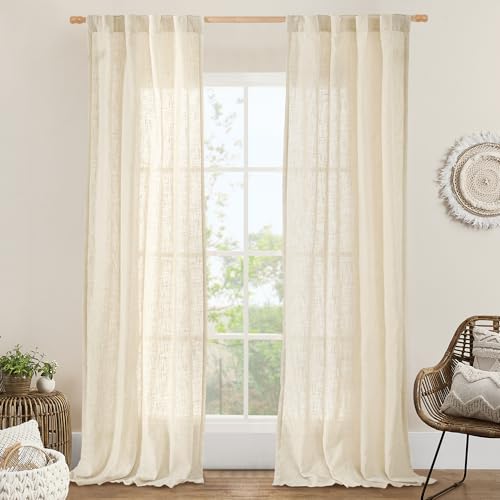 LAMIT Beige Linen Curtains for Living Room 84 inch Length, Light Filtering Semi Sheer Panels Back Tab and Rod Pocket Neutral Drapes for Bedroom, 2 Panels, 34 x 84 Inch