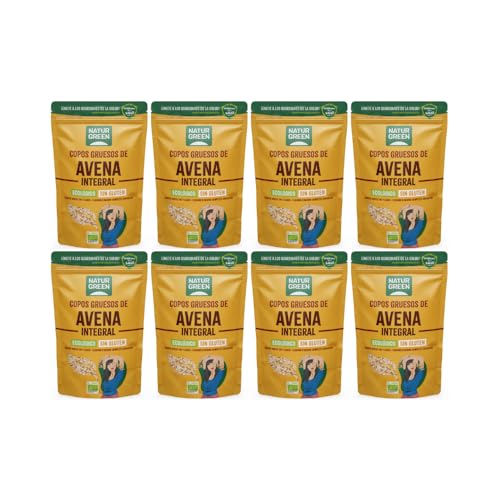 NaturGreen - Copos De Avena Gruesos, Avena Sin Gluten Bio, Integral, Ideal para Desayuno, 100% Ecológico - Pack 8 unidades de 1 Kg