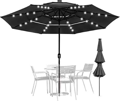 10 ft 3-Tiers Patio Umbrella Outdoor Patio Market Umbrella with 32 Solar LED Lights and Tilt (Black)