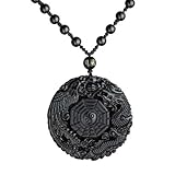 Natural obsidian dragon phoenix totem crystal necklace Amulet pendant bead with bead for women or men (black obsidian)