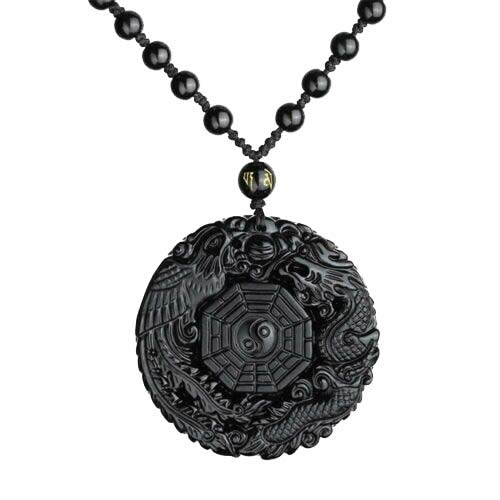 Natural Obsidian Dragon Phoenix Totem Crystal Necklace Amulet Pendant Bead With Bead For Women Or Men (Black Obsidian) #TOP11