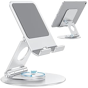 OMOTON Swivel Tablet Stand for iPad with 360 Rotating Base, Foldable Adjustable Holder for Drawing, Compatible with iPad Pro/Air/Mini and More, Silver