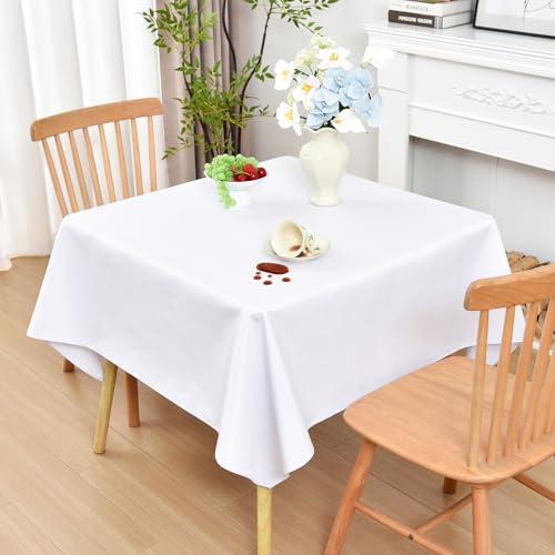 Wolkemer Farmhouse Faux Linen Square Tablecloth 54 x 54 Inch - Water Resistant Table Cloth Washable Wipeable Table Cover for Home Kitchen Dining Wedding Party Banquet (White)