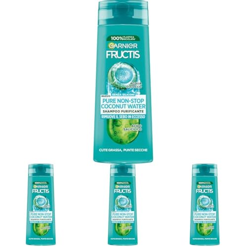 Garnier Fructis Shampoo Purificante, Per Capelli Cute Grassa e Punte Secche, Azione Seboregolatrice, Con Estratto di Acqua di Cocco e Acido Salicilico, Pure Non-Stop Cocconato Water, 250 ml