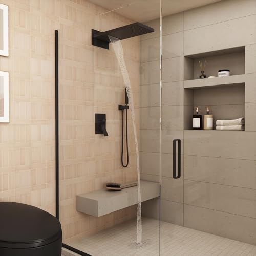 CASAINC Ducha de 22 pulgadas con cobertura grande, tipo cascada y lluvia, sistema de ducha de pared acabado negro mate miniatura 3