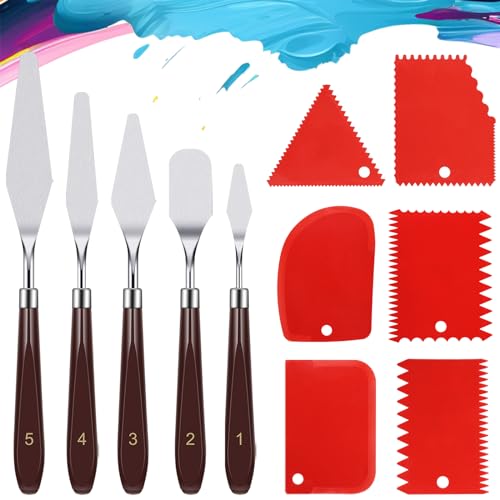 Hejo 11 Stück Spachtel Set Acrylmalerei Palettenmesser Acrylmalerei Set 5 Stück Edelstahl Malmesser 6 Stück Plastik Zahnspachtel für Strukturpaste Aquarell Ölgemälde Gouache