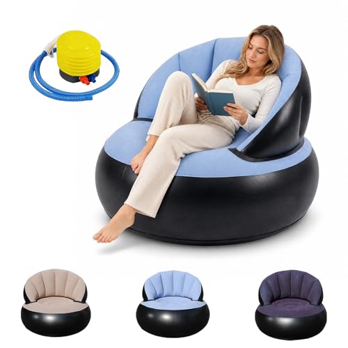 Yunlaishaocer Sofá inflable, sillón hinchable impermeable con bomba de pie, sofá hinchable con respaldo y flocado, sofá de aire portátil para el hogar, al aire libre, camping (azul claro)