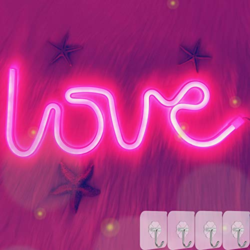 YIVIYAR LOVE Neon Sign LED Neon Lights with 4 Hooks, Pink LOVE Neon Light Sign for Wall Decor Battery/USB Operated LED Sign for Bedroom Neon Night Light Pink Decor for Living Room,Wedding,Party(LOVE)