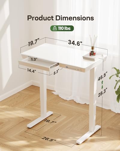 Image of Marsail Glass Standing Desk with Drawer, 35 x 20 inch Electric Standing Desk, Height Adjustable Desk with One-Piece Tabletop & USB Charging Ports, Sit Stand Desk with Storage for Home & Office White
