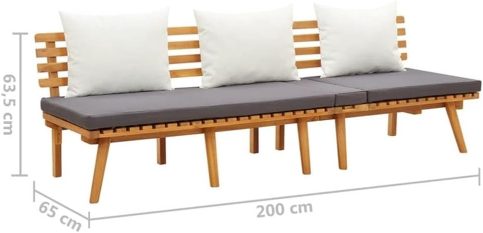 BOWERY HILL Outdoor Garden Day Bed, Solid Acacia Wood, White and Dark Gray Cushions, Adjustable Headrest, Oiled Finish, Rectangular Shape, 78.7 in Long, Comfortable Patio or Balcony Lounger