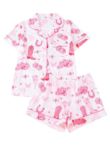 FUVYKOL Womens 2 Piece Cowboy Boots Pajama Sets Sleepwear Short Sleeve Button Down Nightwear Lounge Sets M