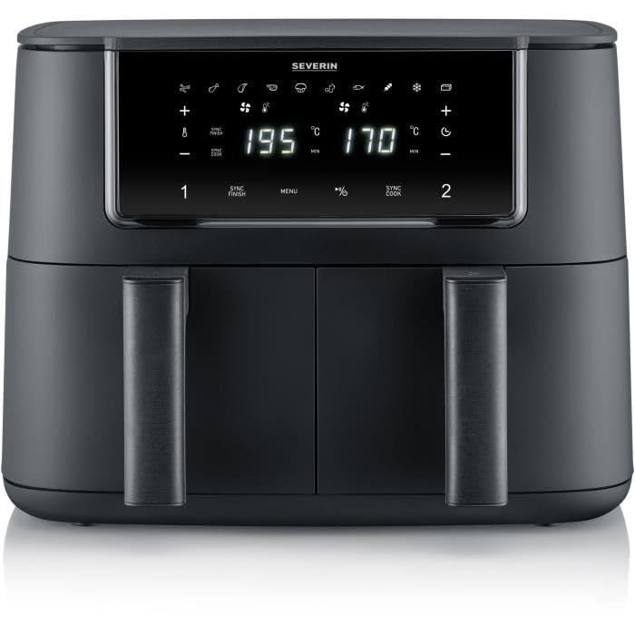 Severin Heißluftfritteuse Dual Zone, 2x4L Fächer, vielseitige Zubereitung, Touch-Display, Warmhaltefunktion, Temperatureinstellung synchronisierbar, 10 Programme, 2600W, Black Line, schwarz, FR 2463 4