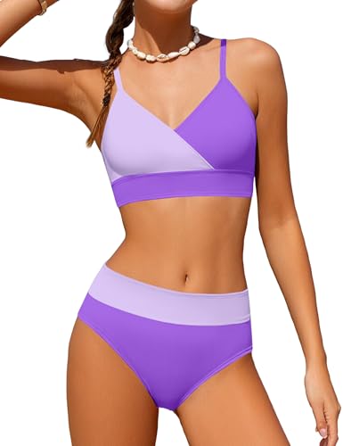 Image of Girls Swimsuit V Neck Bikini Set Color Block with Cover Up 3Pcs Bathing Suits