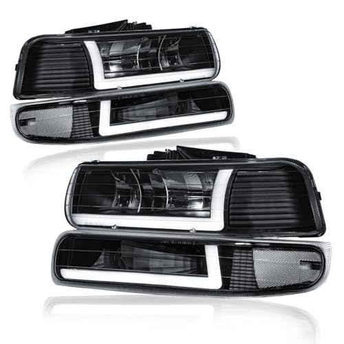Fullux LED DRL Headlights Assembly fit 1999 2000 2001 2002 Chevy Silverado 1500 2500 1500HD 2500HD 3500/2000-2006 Tahoe Suburban 1500 2500 Replacements Black Housing Clear Reflector
