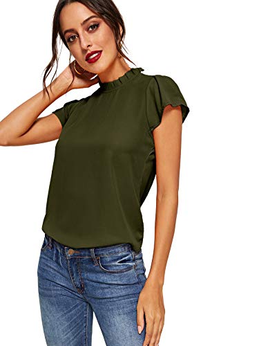 Romwe Women's Elegant Short Sleeve Mock Neck Workwear Blouse Top Shirts Army Green M #TOP3