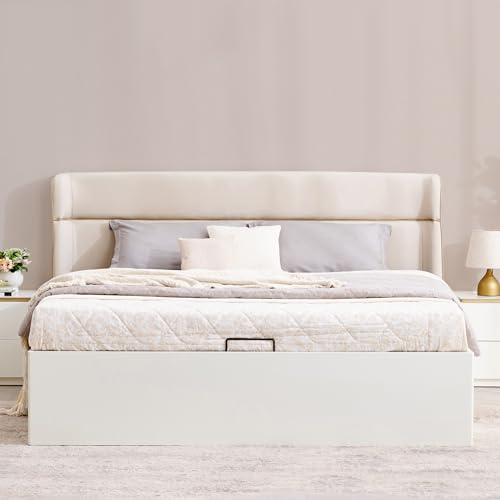 Image of Home Centre Senorita Elena Queen Bed |Engineered Wood with Hydraulic Bed Queen Bed| (Cream) |1 Year Warranty