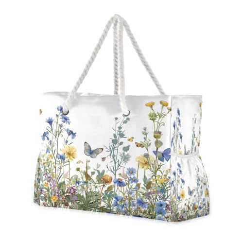 ATTX Wildflowers with Butterflies Beach Bags for Women - Large Beach Bags with Zipper Waterproof Sandproof Swim Pool Bag Large Tote#184 - Main Image