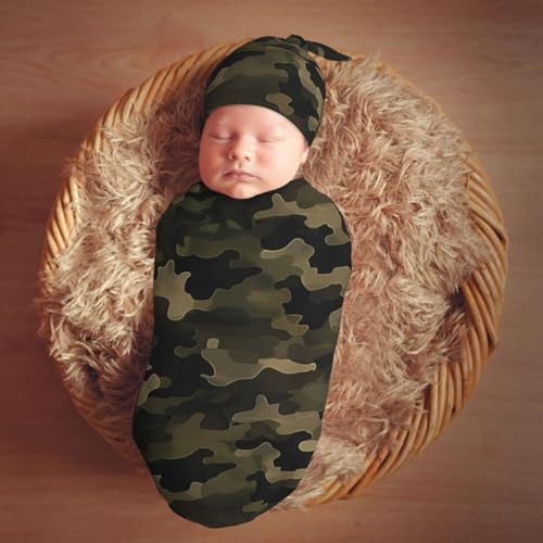Image of Brown Green Camouflage Swaddle Blanket with Beanie Hat Set Newborn Receiving Blankets Baby Swaddle Wrap Soft Swaddle Blankets for Baby Boys and Girls