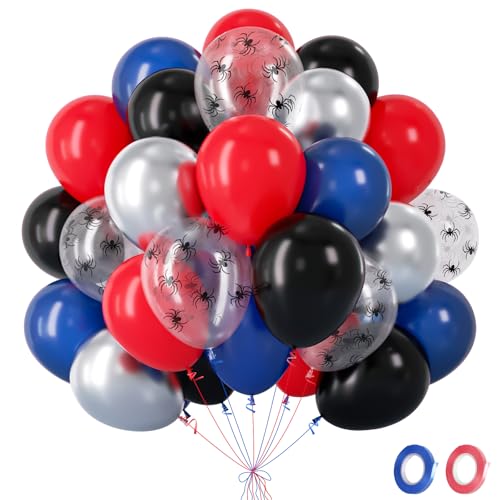 Ballon Rouge et Noir, 60 Pièces Ballons Spider Bleu Argent avec Metallic Latex Ballons, Ballon Helium Anniversaire pour Decoration Anniversaire Garçon Baby...