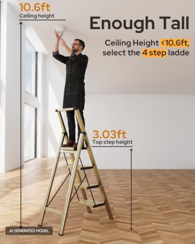 Image of 4 Step Ladder, Folding Step Stool with Anti-Slip and Wide Pedal, Gold Ladder with Handgrip, Lightweight Aluminum Space Saving Stepladder for Home and Kitchen, 300 lbs Capacity