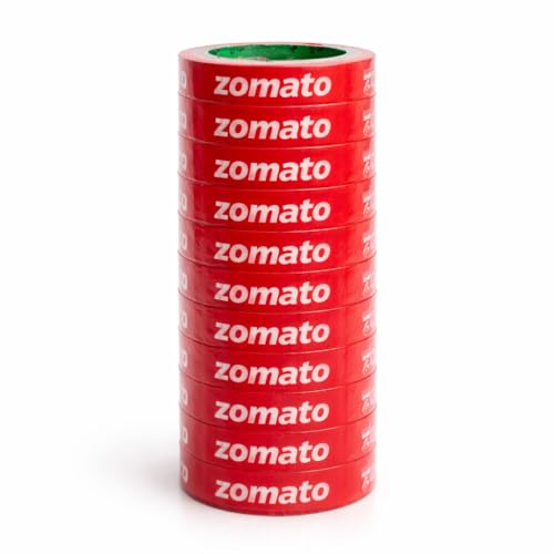 Image of Zomato Food Packing Tape | Pack of 12 | Strong Adhesive Red Color 24 mm 1 Inch x 65 Meter For Food Delivery Takeaway Boxes And Ecommerce Packing