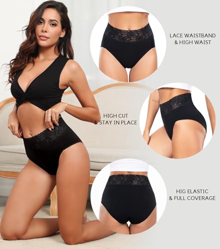 Image of Wealurre Womens Underwear Cotton Bikini Panties for Women High Waisted Lace Hipster Stretch Briefs for Ladies 5 Pack