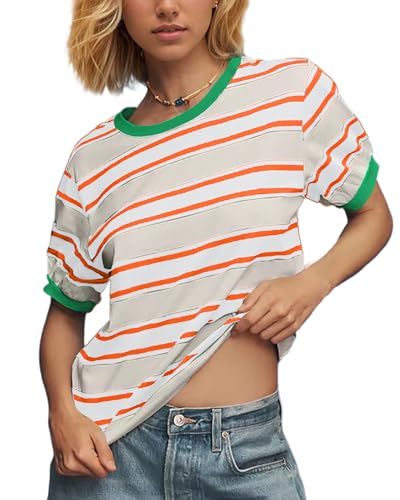 MISSACTIVER Short Sleeve Contrast Striped Tee Shirt for Women Casual Loose Color Block Crew Neck T-Shirt Summer Tops Orange