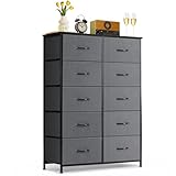 10-Drawer Dresser for Bedroom, Anti-Tip Tall Storage Organizer Chest of Drawers with Wooden Top and Metal Frame Fabric Bins for Closet, Living Room, Hallway, Entryway, Gray