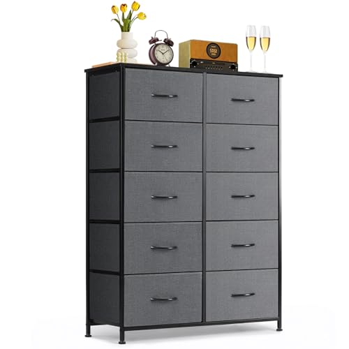 10-Drawer Dresser for Bedroom, Anti-Tip Tall Storage Organizer Chest of Drawers with Wooden Top and Metal Frame Fabric Bins for Closet, Living Room, Hallway, Entryway, Gray