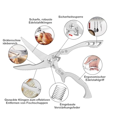 Foto von Geflügelschere Edelstahl mit Feder, Scharfe Knochenschere Fleischschere mit Ergonomischer Anti-Rutsch Griff & Sicherheitsverschluss, Küchenschere für Geflügel, Fleisch, Fisch, Knochen und Gemüse
