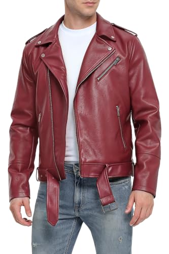 Image of Fahsyee Leather Jackets for Men, Faux Bomber Jacket Mens Motorcycle Lapel Asymmetric Zip-Up Belt Slim Fit Biker Coat
